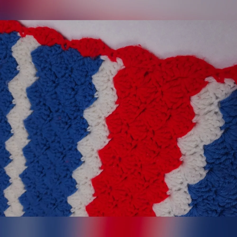 Handmade Vintage Crocheted Blanket Afghan Red White Blue Stripes 69x40 Inches